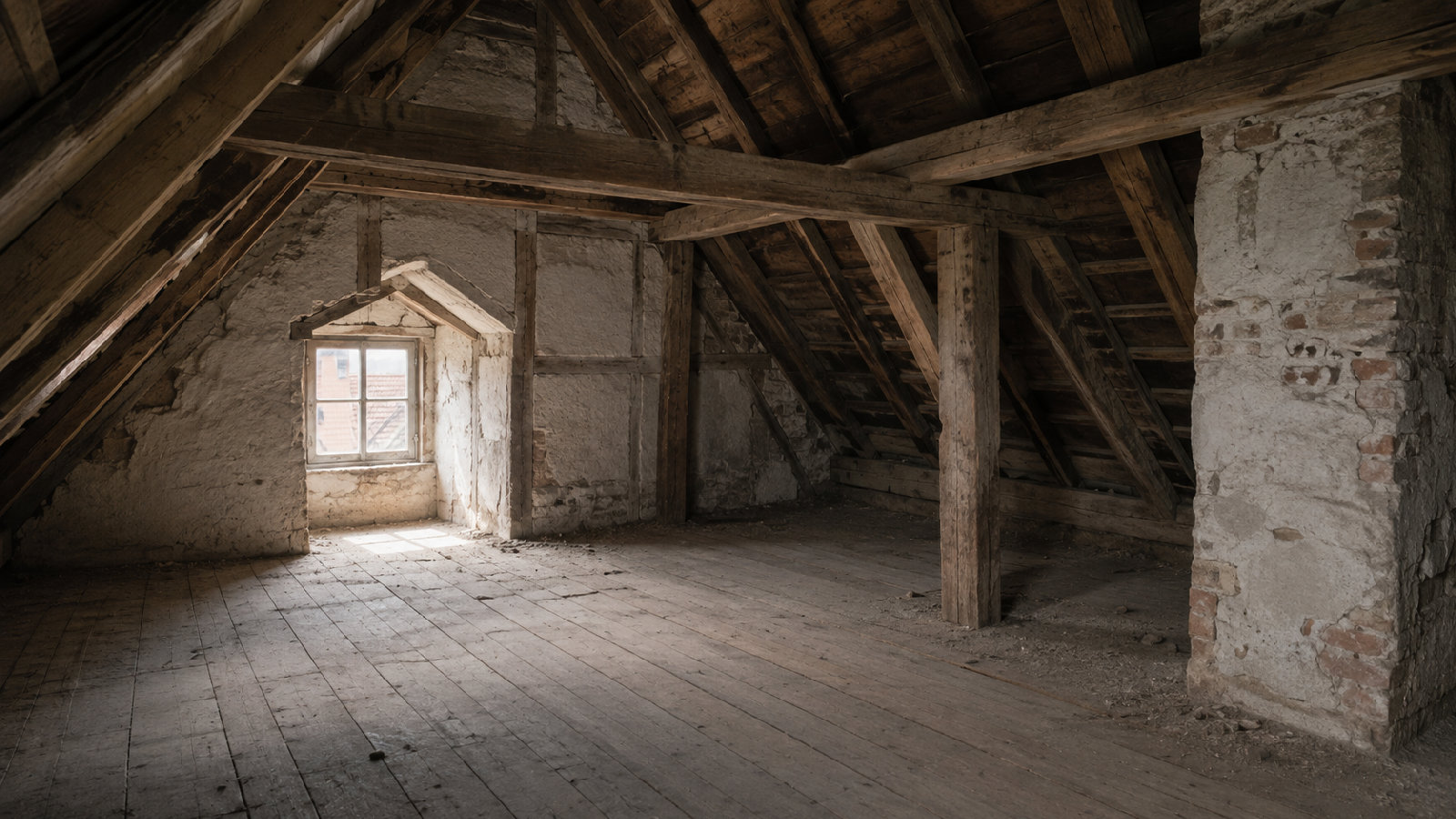Leerer, ungedämmter Dachboden eines Altbaus mit sichtbarem Holzdachstuhl, Fachwerkgiebel und nackten Dielen über der obersten Geschossdecke